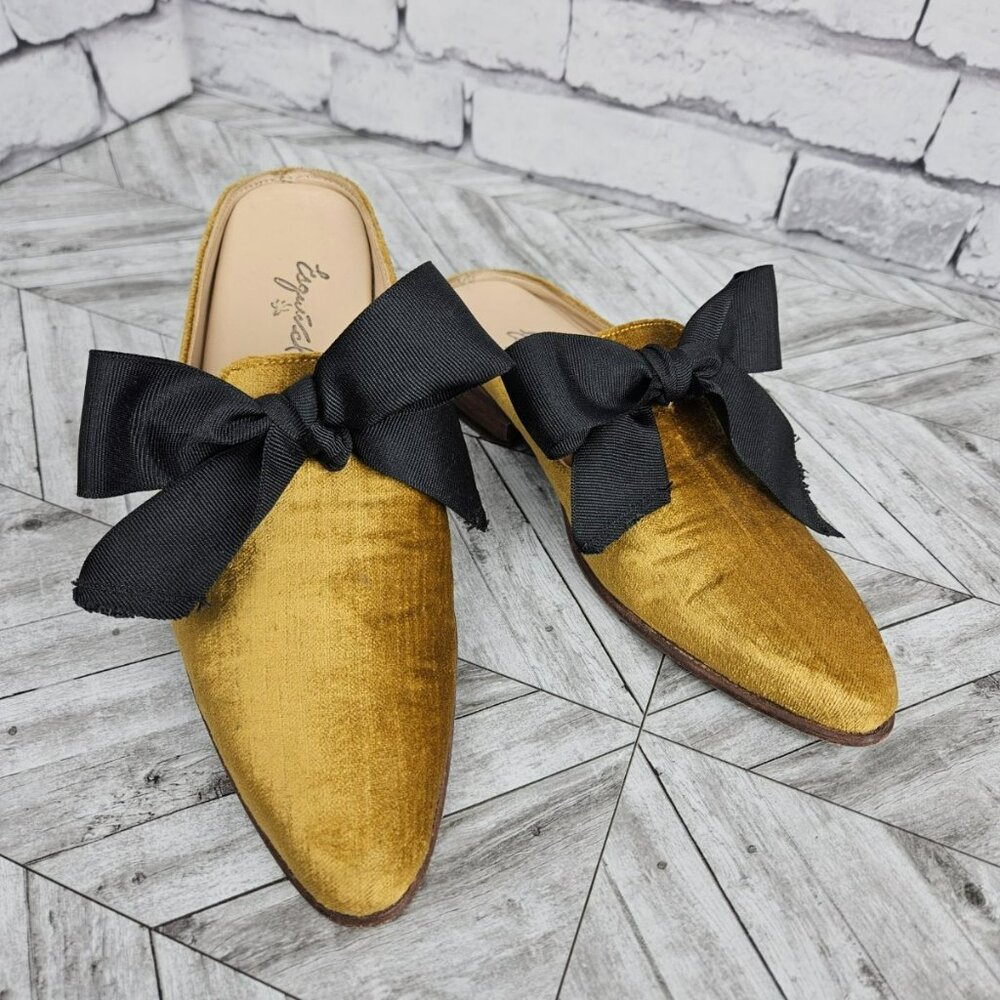Esquivel Mustard Gold Yellow Velvet Slip-On Mules Slides Black Bow Womens 7 Flat